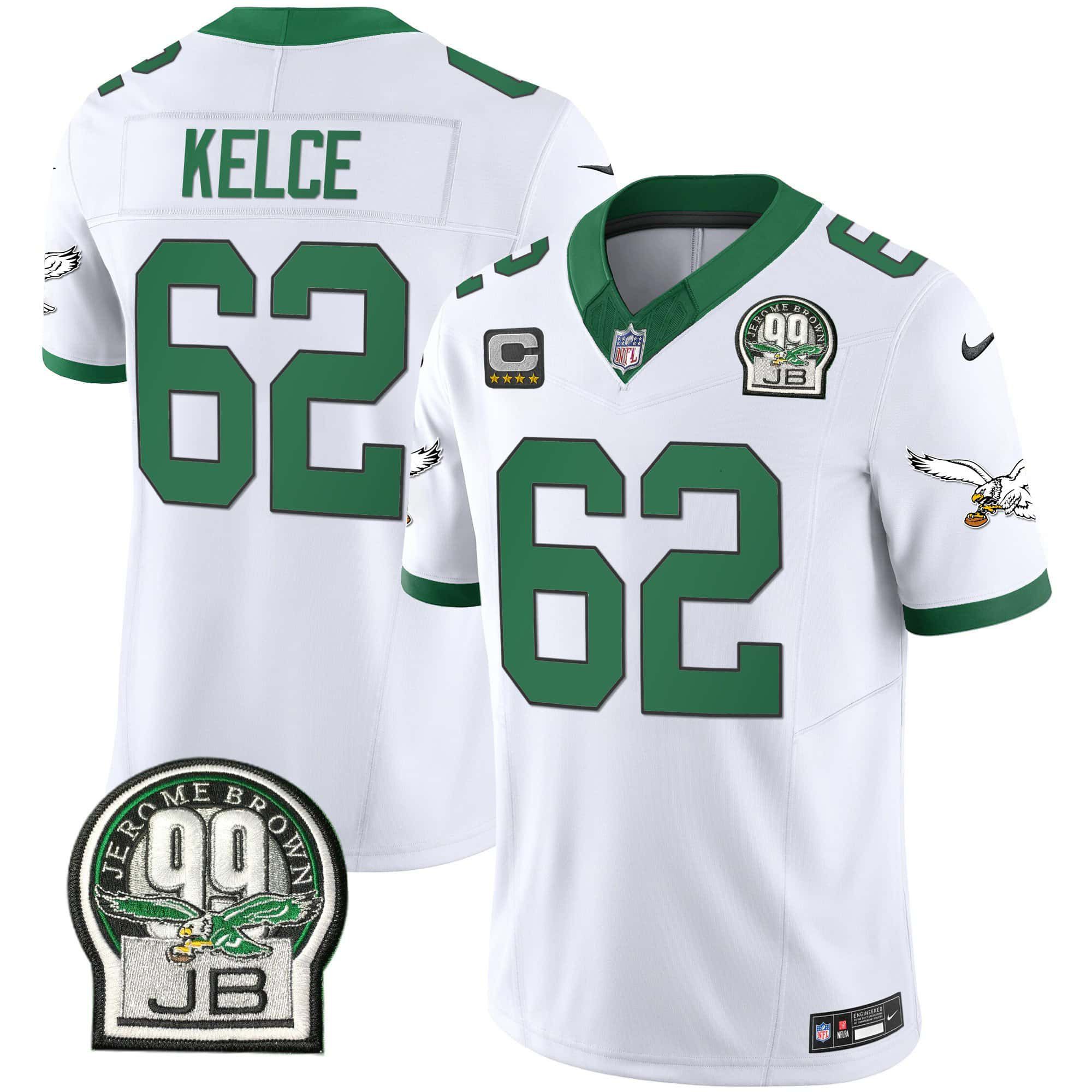Men Philadelphia Eagles 62 Kelce White 2024 Nike Jerome Brown Patch Alternate Limited NFL Jersey